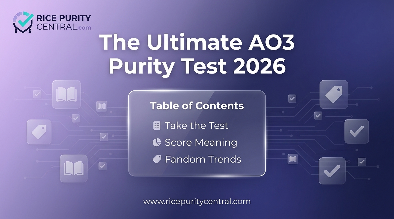 Official 2026 AO3 Purity Test infographic featuring reading history score interpretations and fandom tropes on RicePurityCentral.com