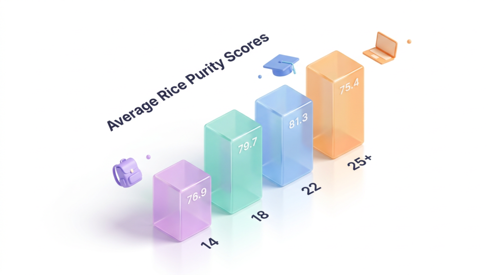 Graph showing the average rice purity test score by age from 13 to 25.
