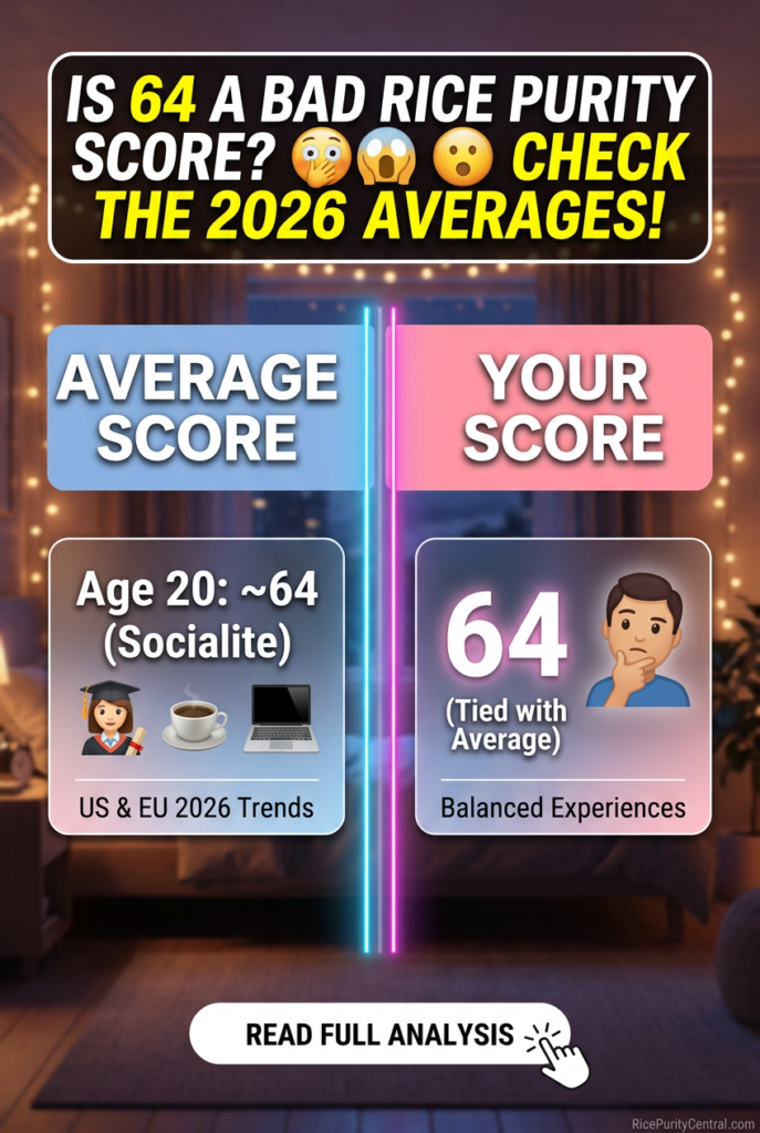 Infographic showing rice purity test score 64 meaning and age averages.