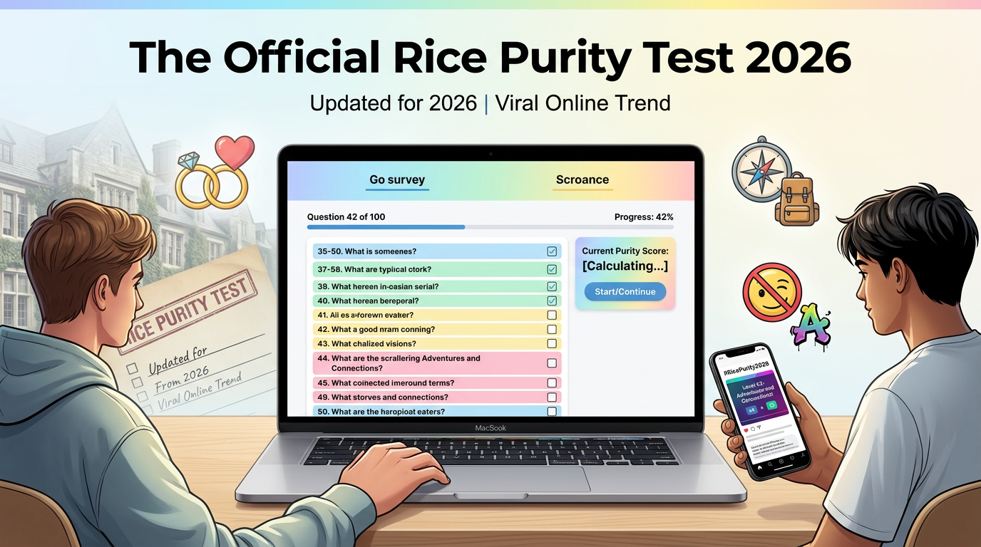 Official Rice Purity Test 2026 feature image showing a digital 100-question survey interface with score indicators and youth-friendly lifestyle icons.