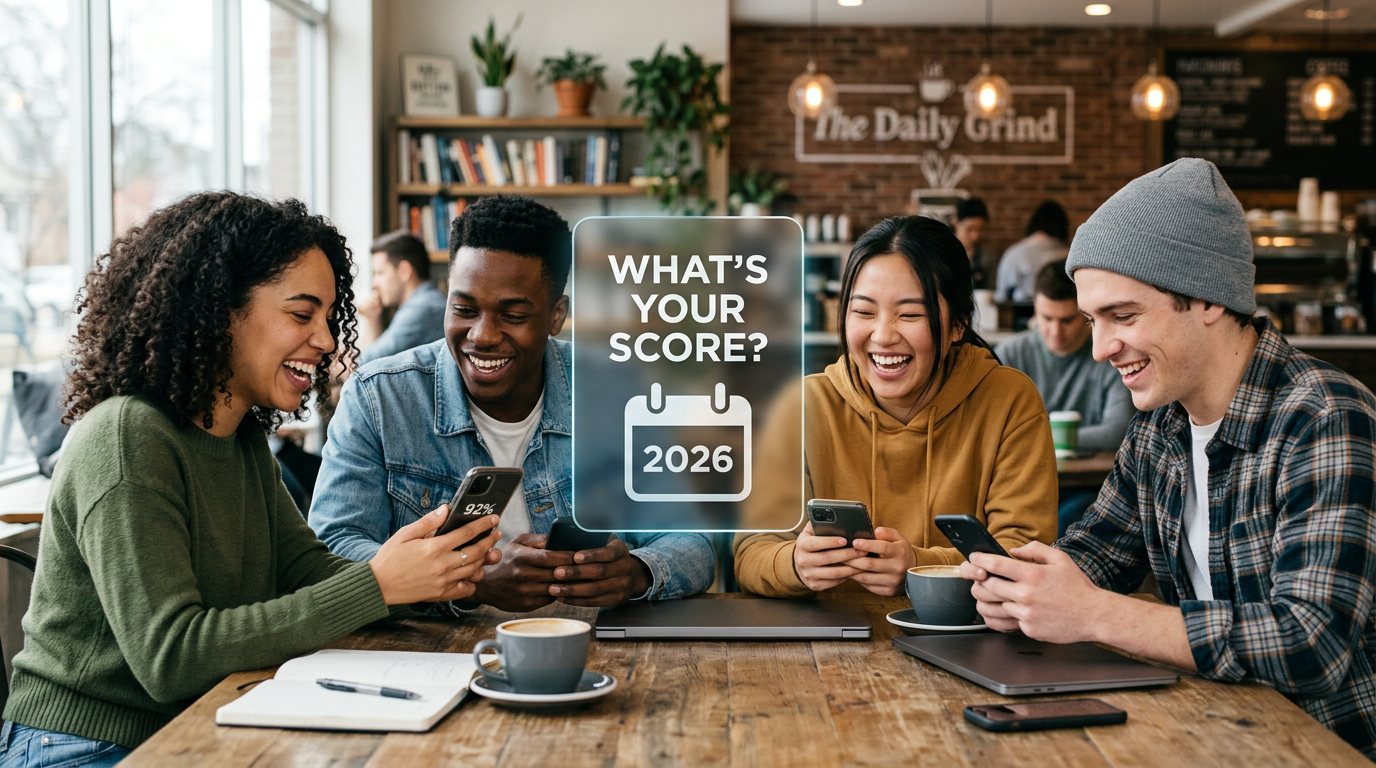 A group of friends checking their Rice Purity Test scores on smartphones.